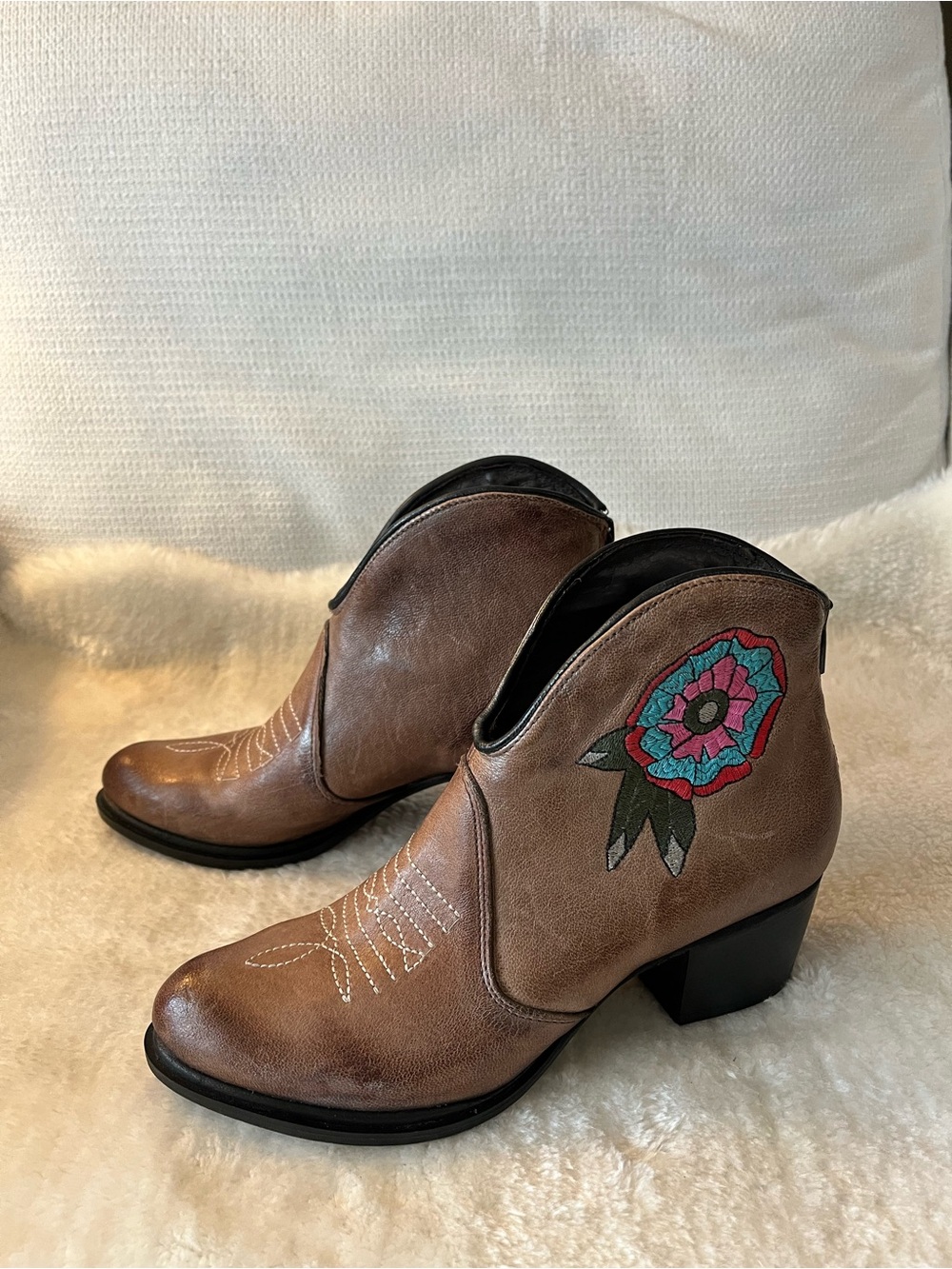 Divine Follie Italy Brown Embroidered Western Ankle Leather Booties - Picture 11 of 16